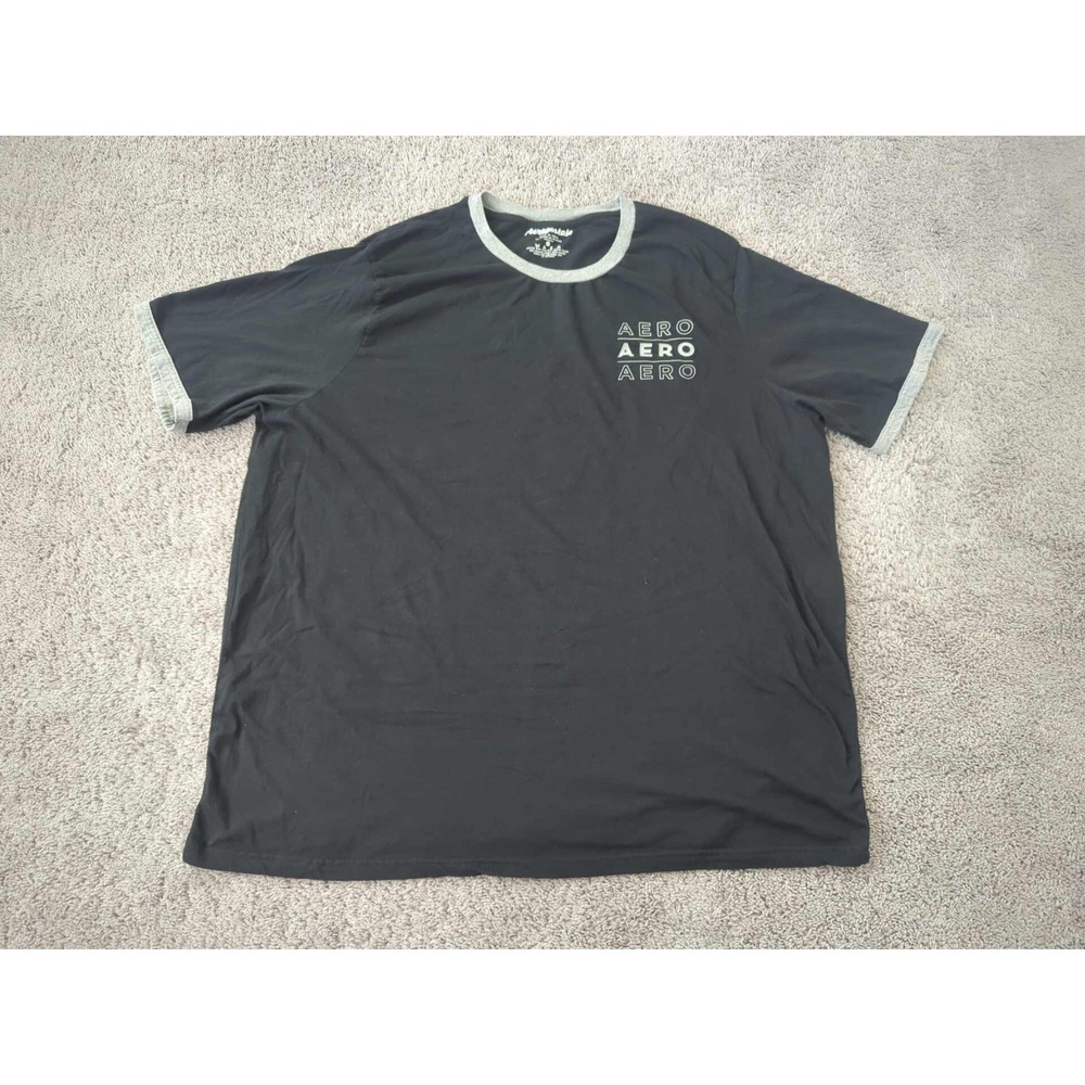 Aeropostale T Shirt Mens 4XL Black Ringer Crew Neck Short Sleeve Stacked Logo‎
